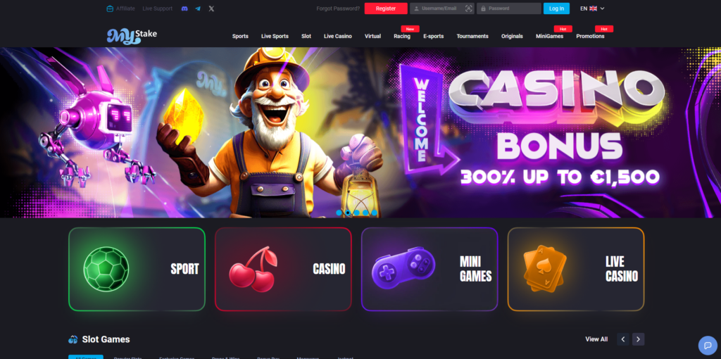 MyStake offshore casino homepage showing game lobby and sportsbook navigation